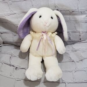 Vintage Dakin White Rabbit Bunny Plush 12" Purple Ears Lace Collar Year 1987